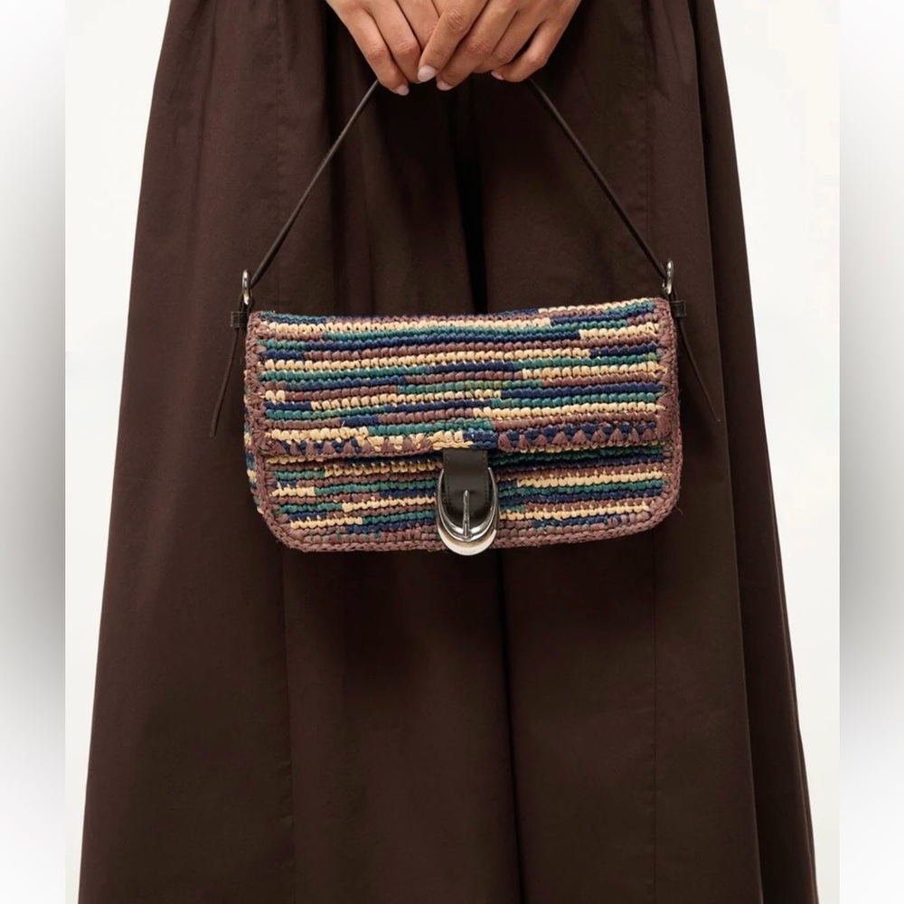 Staud Harlow Woven Multicolor Shoulder Bag with Brown Trim & Silver Buckle NWT - Picture 4 of 16